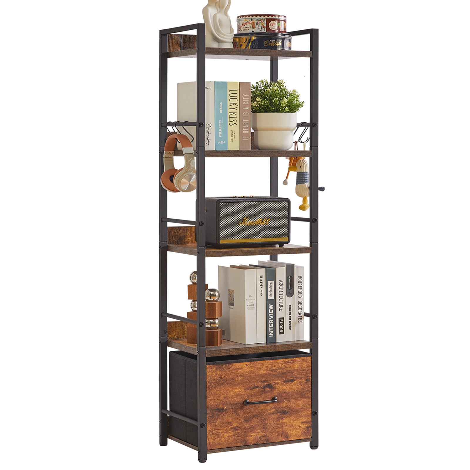 Aibiju Shelf Bookcase, 5-Tier Industrial bookshelf with Fabric Cloth drawers, Free Standing Shelf for Living Room, Bedroom, Kitchen,Office,Steel Frame, Rustic Brown YD-BC001H — image 1