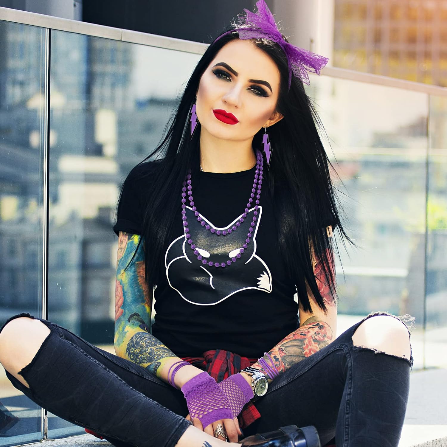 Handepo 19 Pcs 80s Costume Accessories Holographic Fanny Pack Leg Warmers Lace Headband Earrings Gloves Necklace Bracelet - Image 3