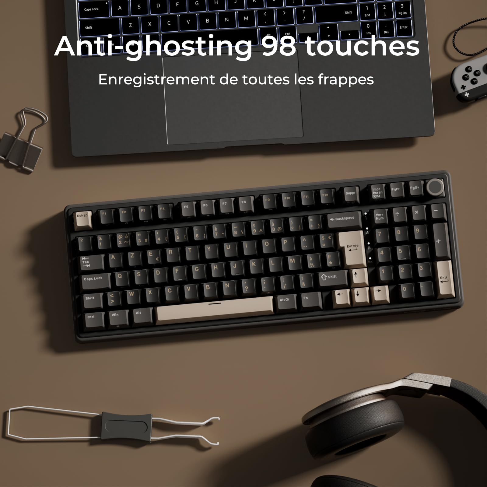 RK ROYAL KLUDGE R98 Pro Clavier Mécanique Filaire, Clavier Gamer 96% AZERTY, Rétroéclairage RGB, Touches PBT, Gasket Structure, Molette de Volume, Hot-Swap Switch Creamy Linéaire Pré-lubrifié