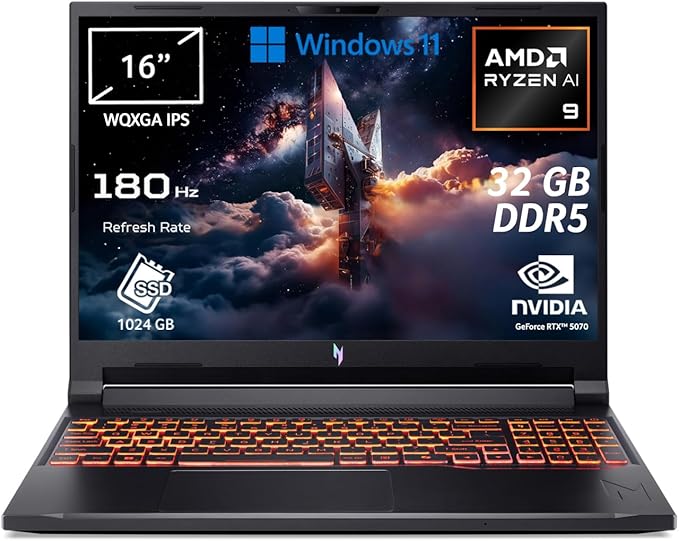 acer Nitro V 16 AI PC Portatile IA, Notebook Gamin, NVIDIA GeForce RTX 5070 8 GB, Processore Ryzen™ AI 9 365, Ram 32 GB DDR5, 1024 GB SSD, Display 16" WQXGA IPS 180 Hz, Copilot+ PC, Windows 11 Home
