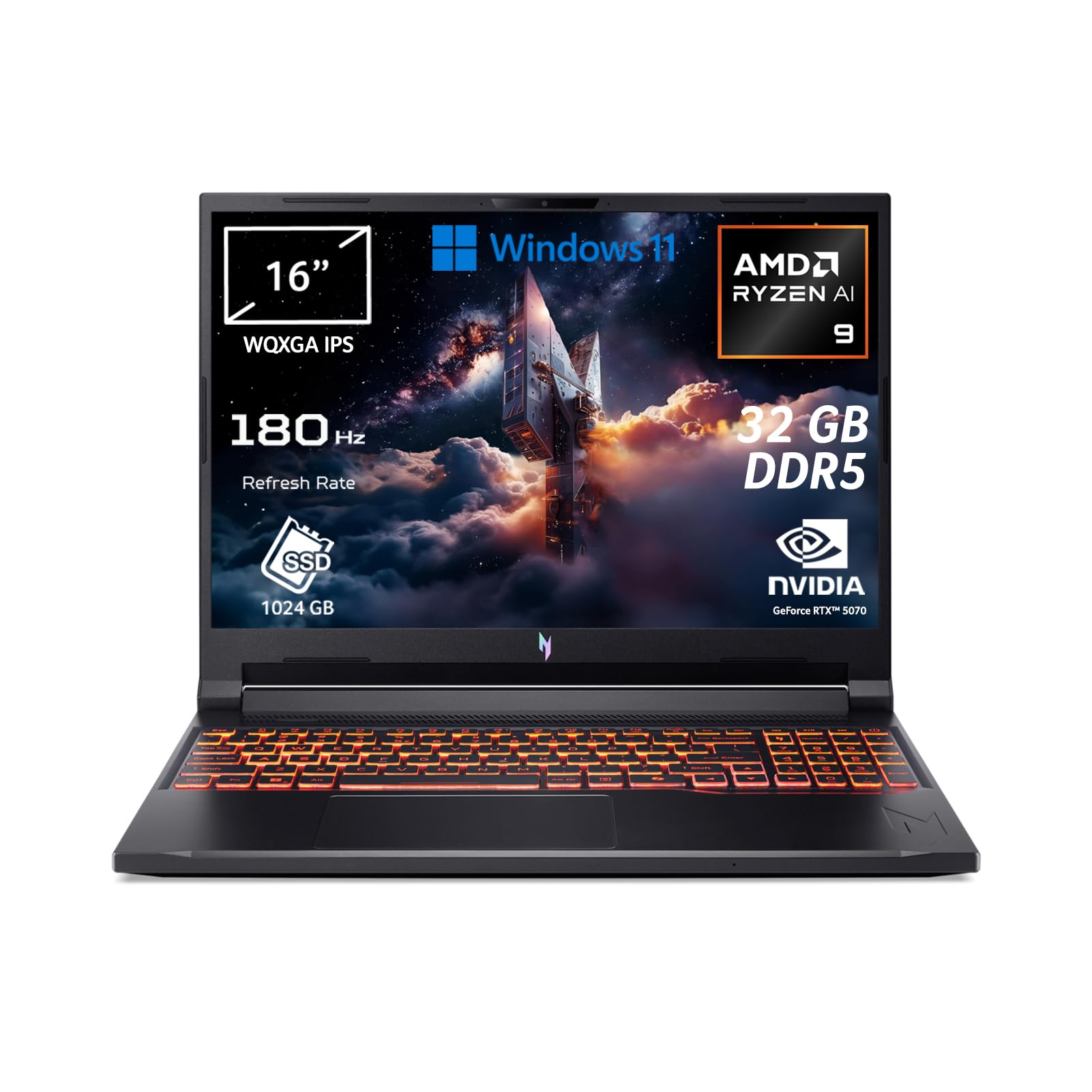 acer Nitro V 16 AI PC Portatile IA, Notebook Gamin, NVIDIA GeForce RTX 5070 8 GB, Processore Ryzen™ AI 9 365, Ram 32 GB DDR5, 1024 GB SSD, Display 16" WQXGA IPS 180 Hz, Copilot+ PC, Windows 11 Home