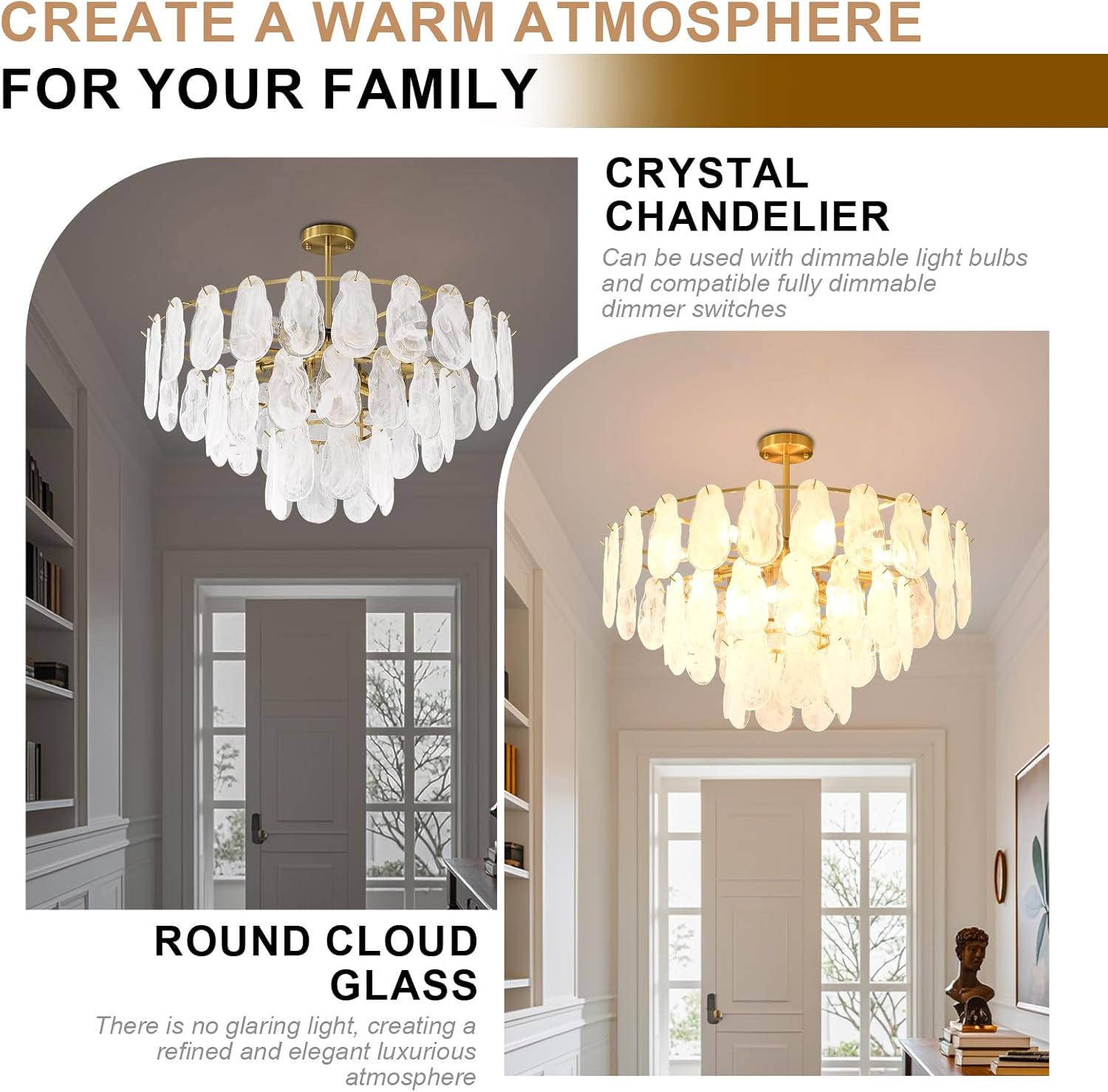 Modern Gold Tier Chandelier Cloud Glass Chandeliers Luxury Crystal Light Fixture Height Adjustable for Dining Room Living Room Kitchen Island Foyer (12 Light)