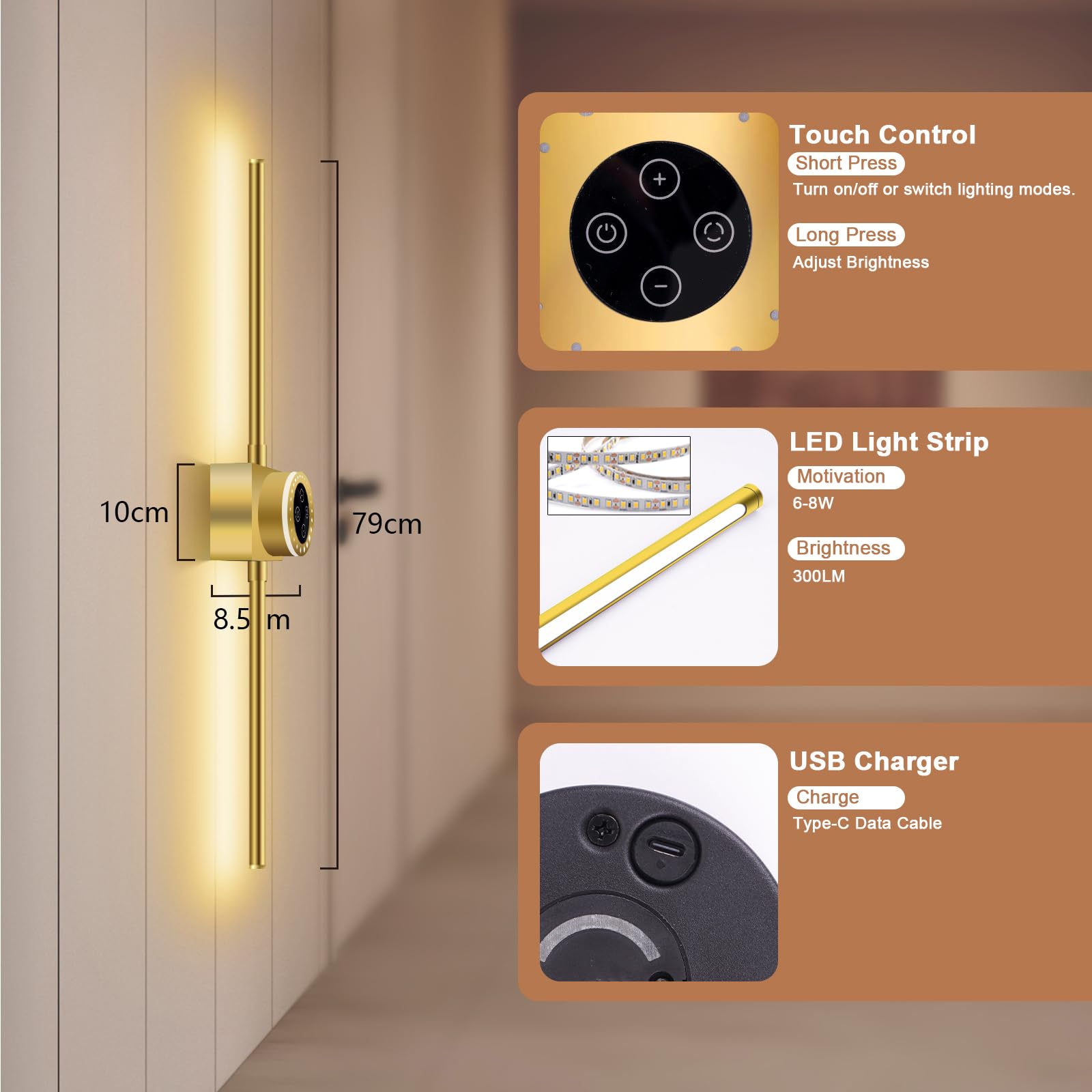 Akku Wandleuchte Innen Gold Touch Fernbedienung Dimmbar für Schlafzimmer | 78.5CM Lang Abnehmbar 6000 mAh Batterie USB Aufladbare Kabellos 360° Drehbarer Timer Tragbar Wandbeleuchtung für Wohnzimmer