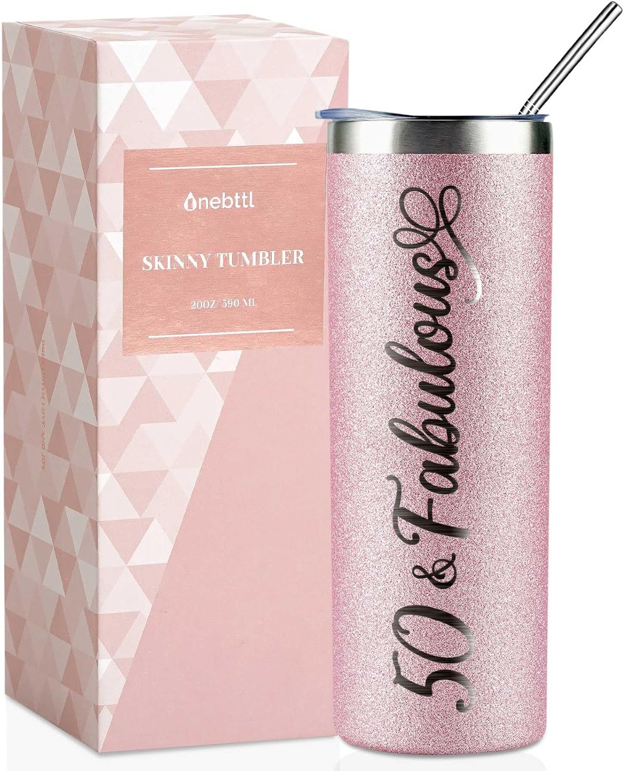 Onebttl 50th Birthday Gifts for Women, Female, Her - 50 and Fabulous - 20oz/590ml Stainless Steel Insulated Glitter Tumbler with Straw, Lid, Message Card - (Rose Gold)