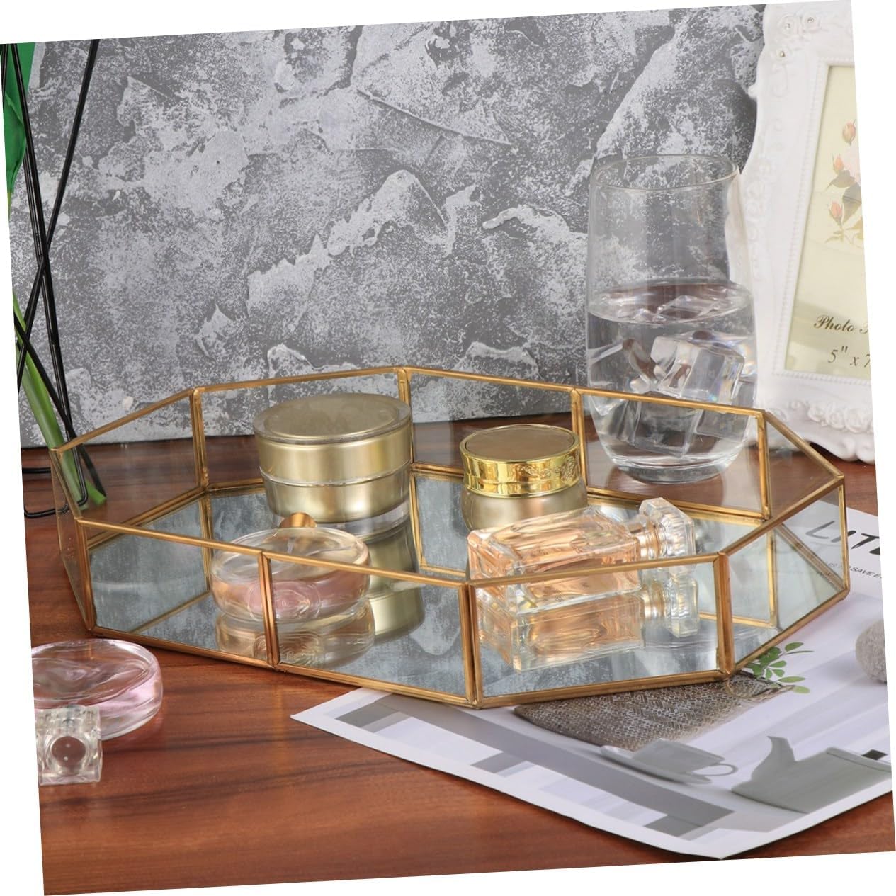 Copper Frame Mirrored Jewelry Tray Elongated Octagon Glass Organizer Vanity Decorative Tray for Bedroom Bathroom Countertop Display