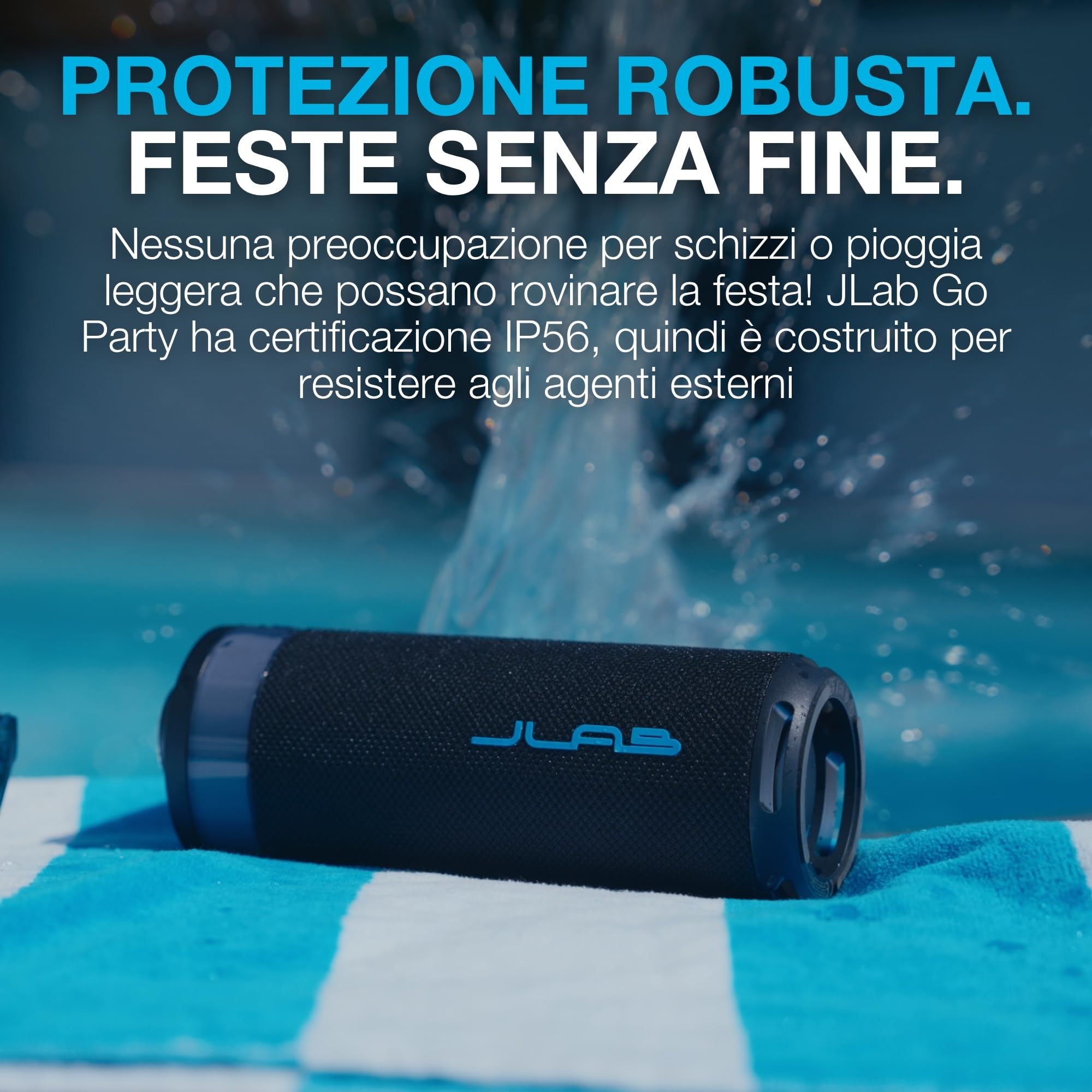 JLab Go Party Cassa Bluetooth Portatile con 16+ ore di riproduzione - Altoparlante Wireless da 10W per Esterni e Viaggi con Luci RGB e Audio Potente, Resistente all'Acqua IP56, Blu Navy