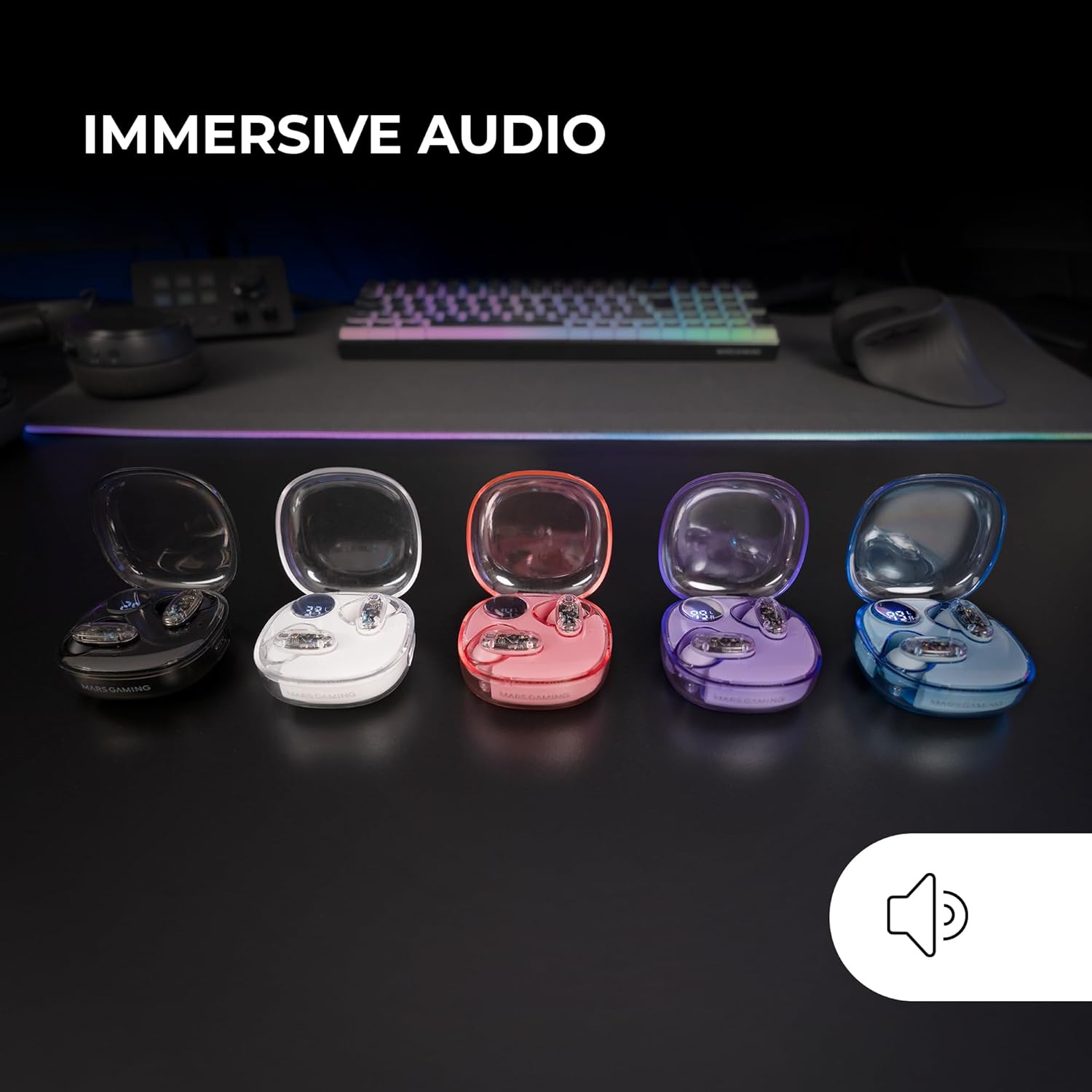 Mars Gaming MHIB2, Auriculares Bluetooth 5.4, Sonido Inmersivo, Diseño Ergonómico Semitransparente y Ultracompacto, 24 Horas Reproducción, Auriculares Inalámbricos con Estuche e Indicador LED, Azul 3