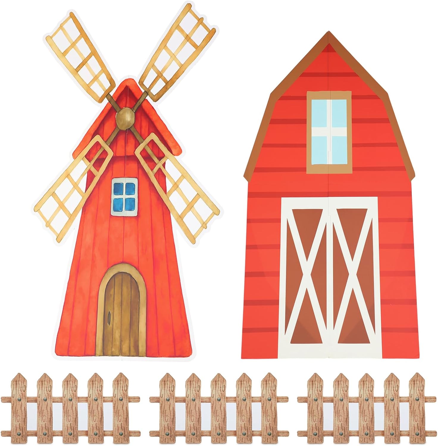Honoson Large Farm Cardboard Cutouts Sets, Red Farm Party Decoration Farmhouse Backdrop Stand, Yard Signs for Baby Shower Birthday Rustic Party Supplies Photo Props(Barn Windmill)