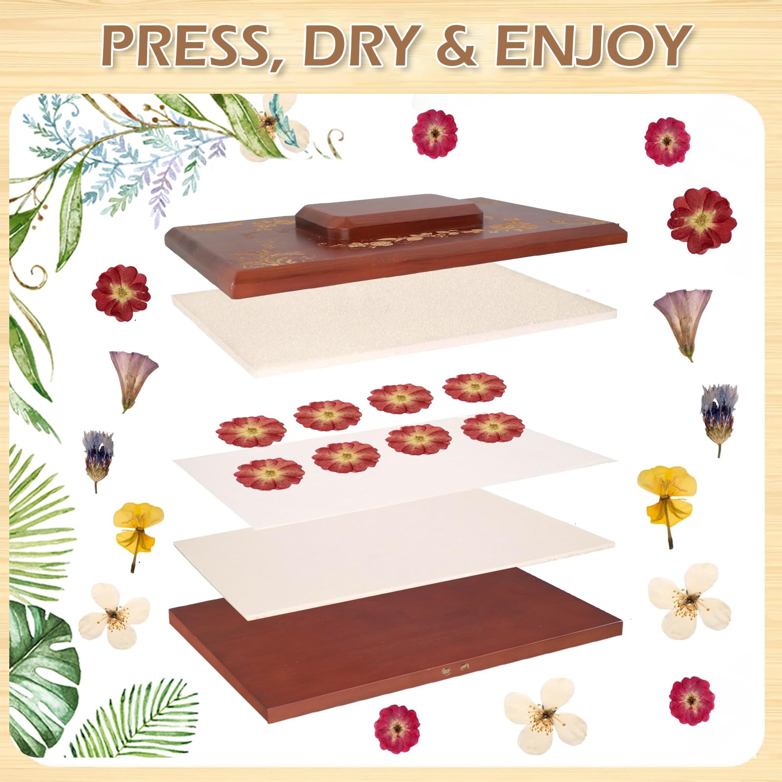 Whemyreat Pressa per Fiori in Legno per Rilegatura, Set Fai da te e Bricolage per Piante Floreali Pressate, Pressa di Carta per Libri con 6 Pezzi di Carta