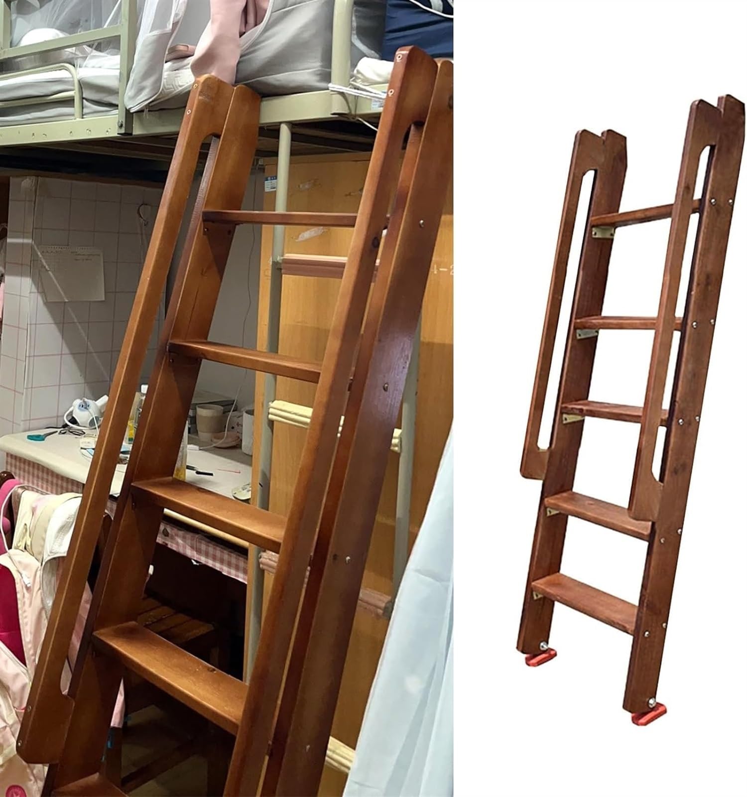 Drabina ze schodkiem do łóżka piętrowego z litego drewna, 150 cm drabina z podwójnym łóżkiem piętrowym do łóżka w akademiku Rv & Łóżko na poddaszu, wielofunkcyjne