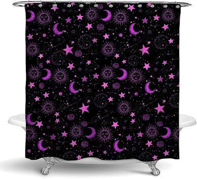 Fun Colorful Shower Curtain Set for Women, Men 72"x70" with Hooks, Space Galaxy Constellation Sun Moon Stars Pattern Shower Curtain