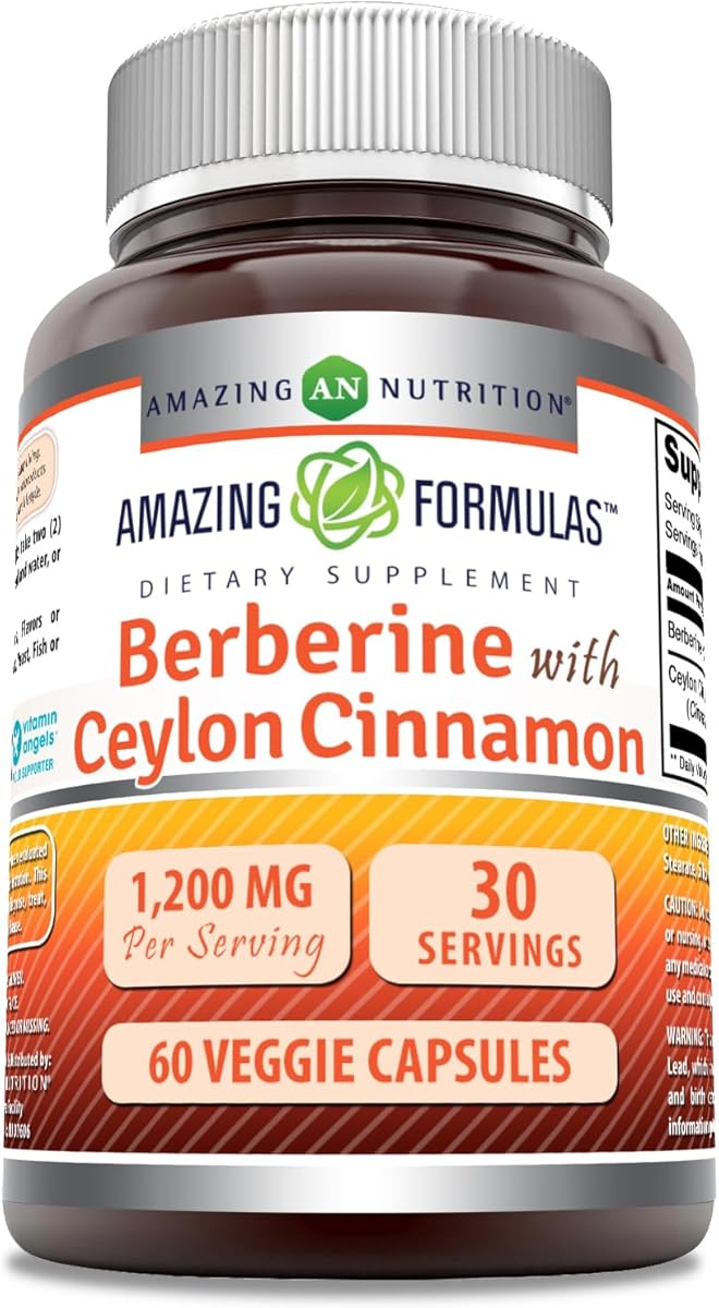 Amazing Formulas Berberine with Pure Ceylon Cinnamon 1200 Mg Per Serving | Premium Complex Supplement | Veggie Capsules | Non-GMO | Gluten Free | Made in USA (1 Pack, 60 Count)