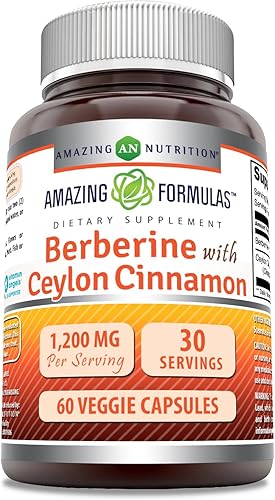 Amazing Formulas Berberina con canela de Ceilán pura de 1200 mg por porción, suplemento complejo premium, cápsulas vegetarianas, sin OMG, sin