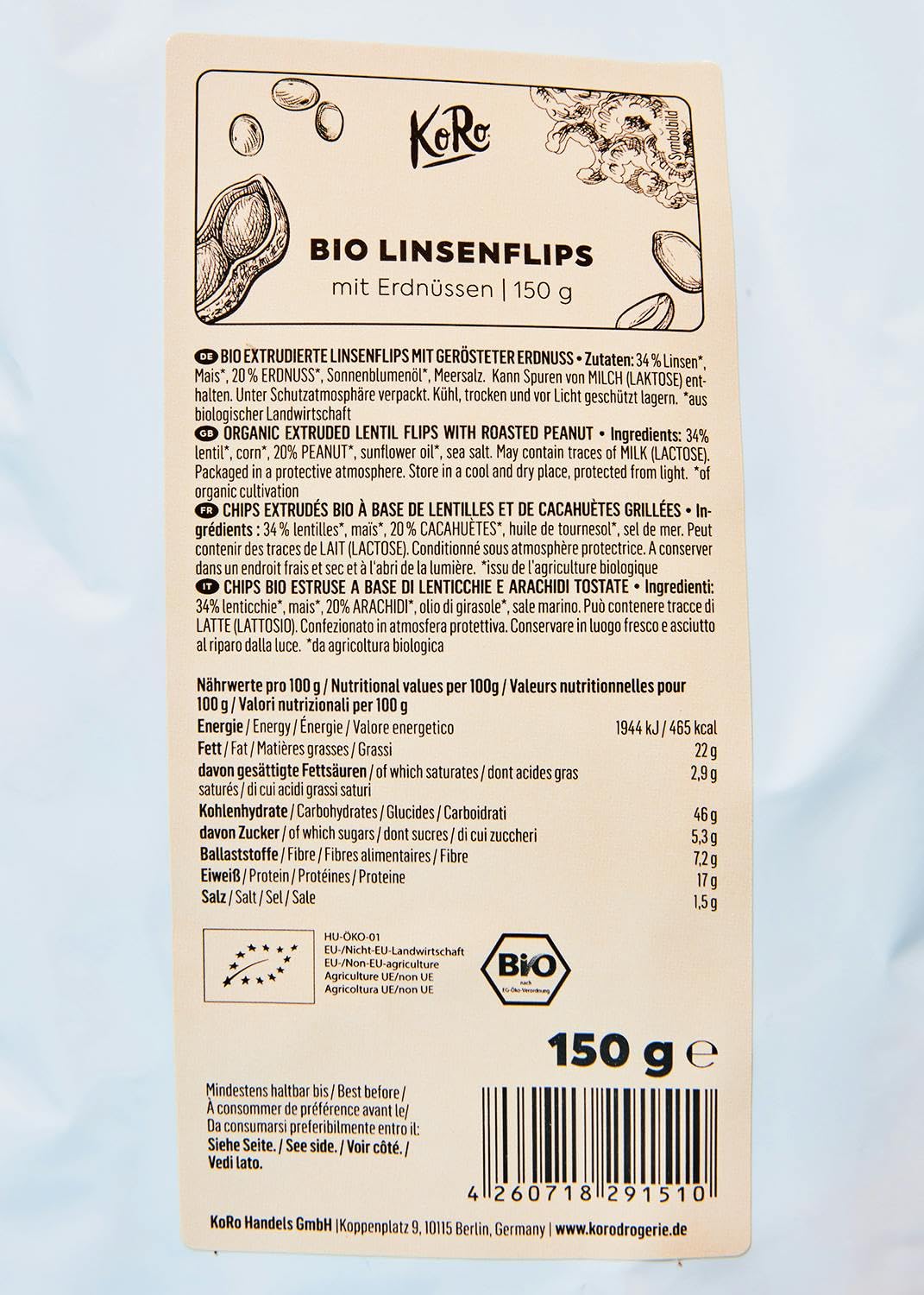 KoRo - Cornetti di lenticchie bio con arachidi | 15 x 150 g