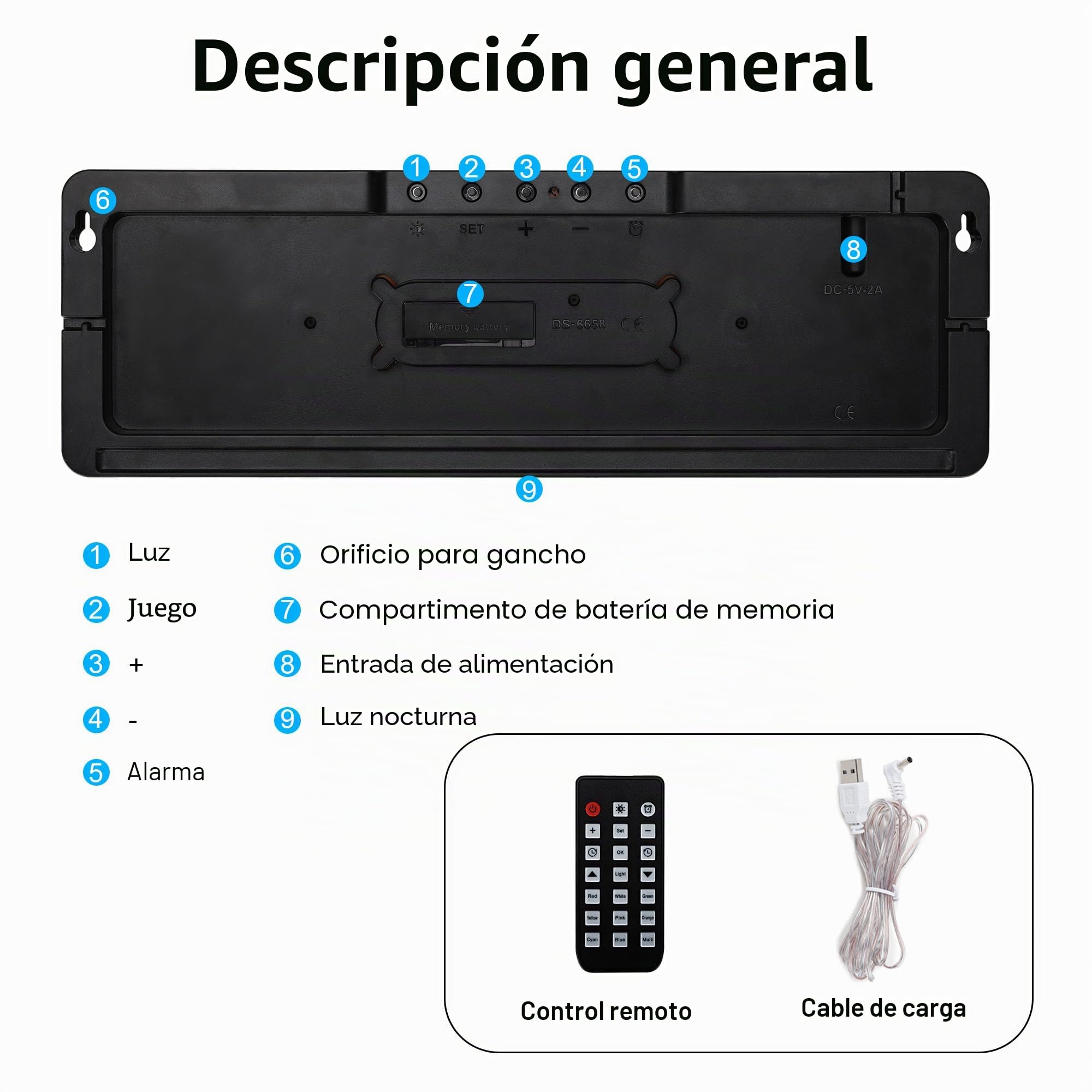 Lafocuse Reloj Digital de Pared 16" LED Azul Grande, con Luz Nocturna de 9 Colores RGB, Mando, Doble Alarma, Brillo Automático, Temperatura, Fecha, 12/24 Horas, Cuenta Atrás, para Salon Cocina Oficina