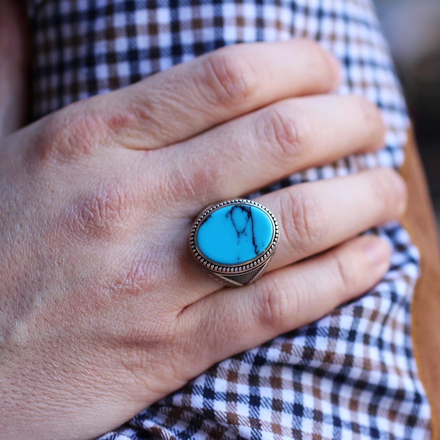 Geometric Detailed Oval Silver Ring. Handmade Vintage Statement Ring. Sterling Silver Jewelry for Men