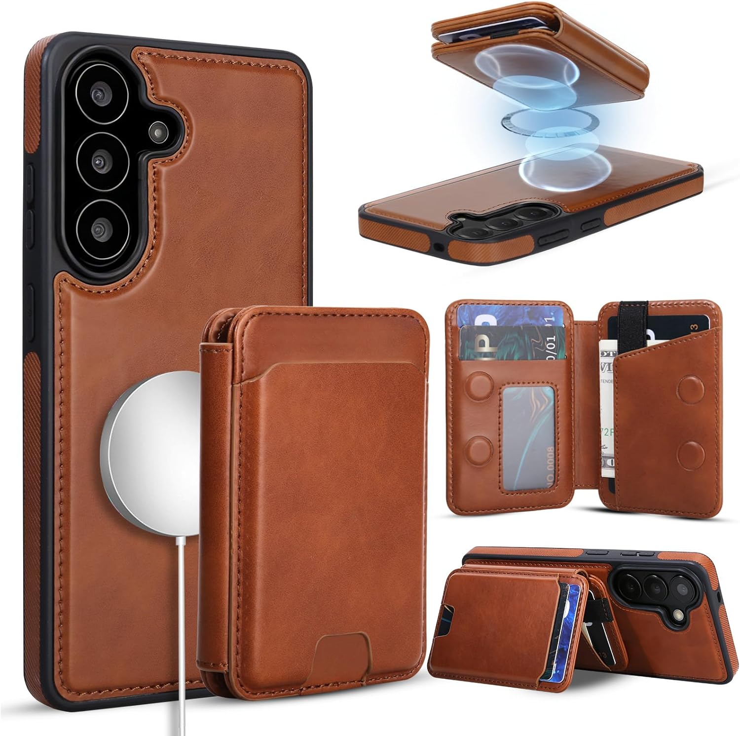 ASAPDOS Magnetic Detachable Wallet Case for Samsung Galaxy S26 with Kickstand,2-in-1 MagSafe Compatible RFID Blocking Card Holder,Slim PU Leather Cover Brown