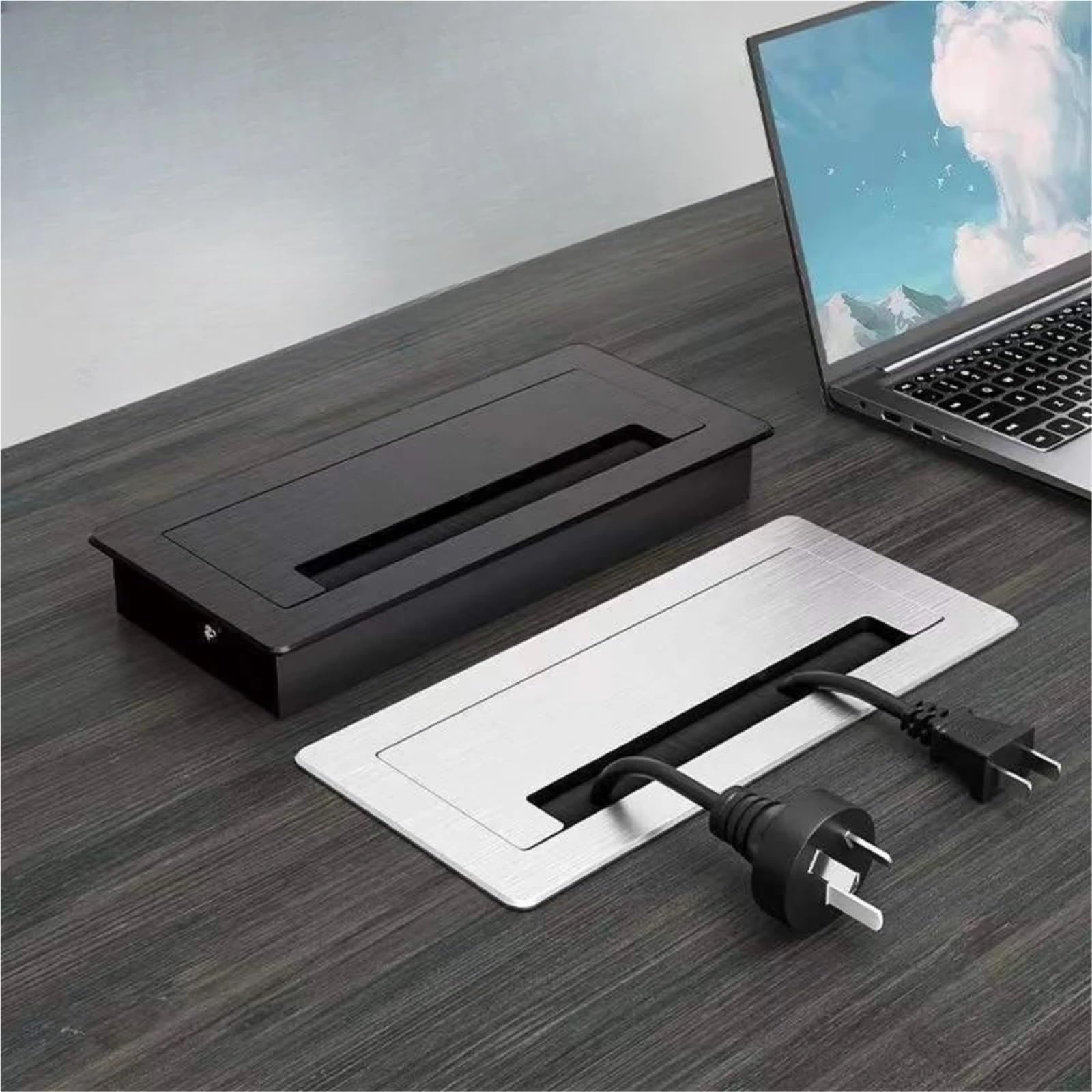 Pasacables Organizador de Cables for Escritorio, Caja Orificios for, aleación Aluminio, for gabinete TV, Placa Cubierta Rectangular, computadora Oficina(Black,90x500mm)