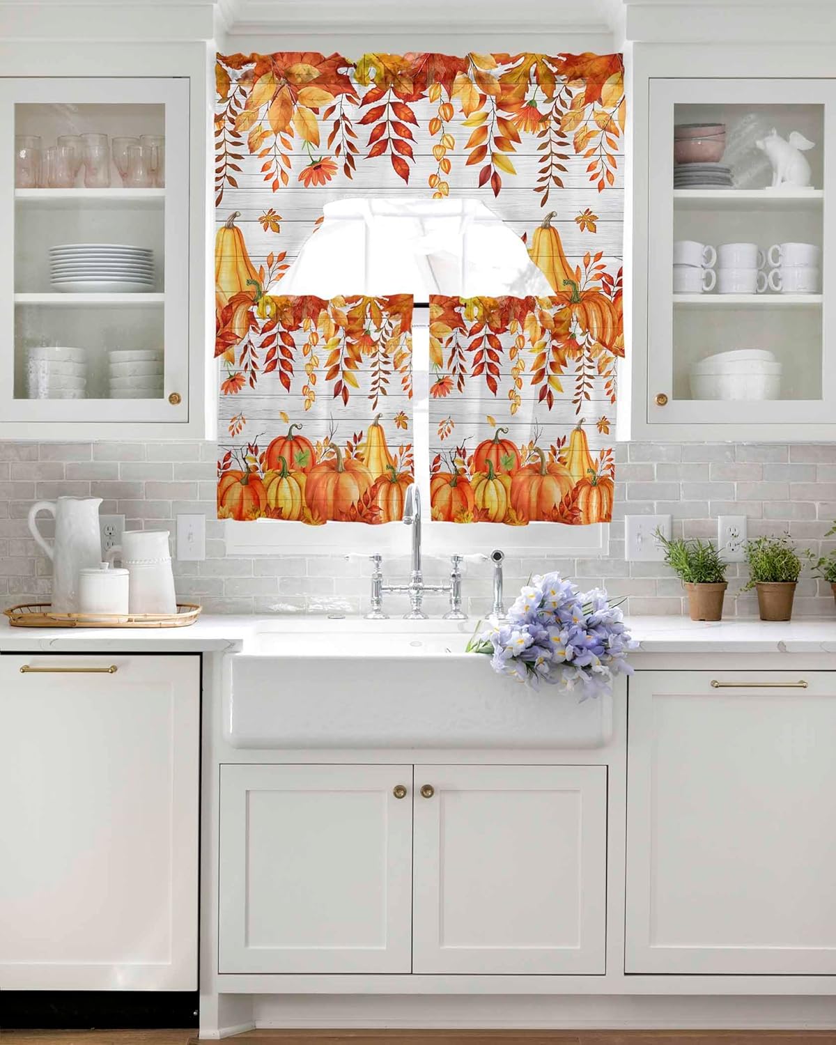 Orange Red Pumpkin Swag Curtains Valance and Tier Set,Rod Pocket Curtain Drapes for Bedroom Bathroom Over Sink Kitchen Curtains 3 Piece Set Thanksgiving Wooden Maple Leaf Swag Valances 24 inches Tiers