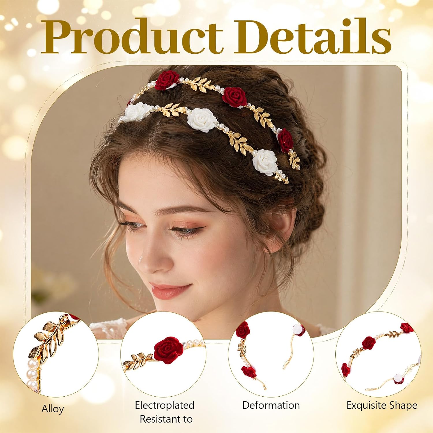 4 Pcs White & Red Rose Headbands with Alloy Electroplat for Bridal Wedding image 3