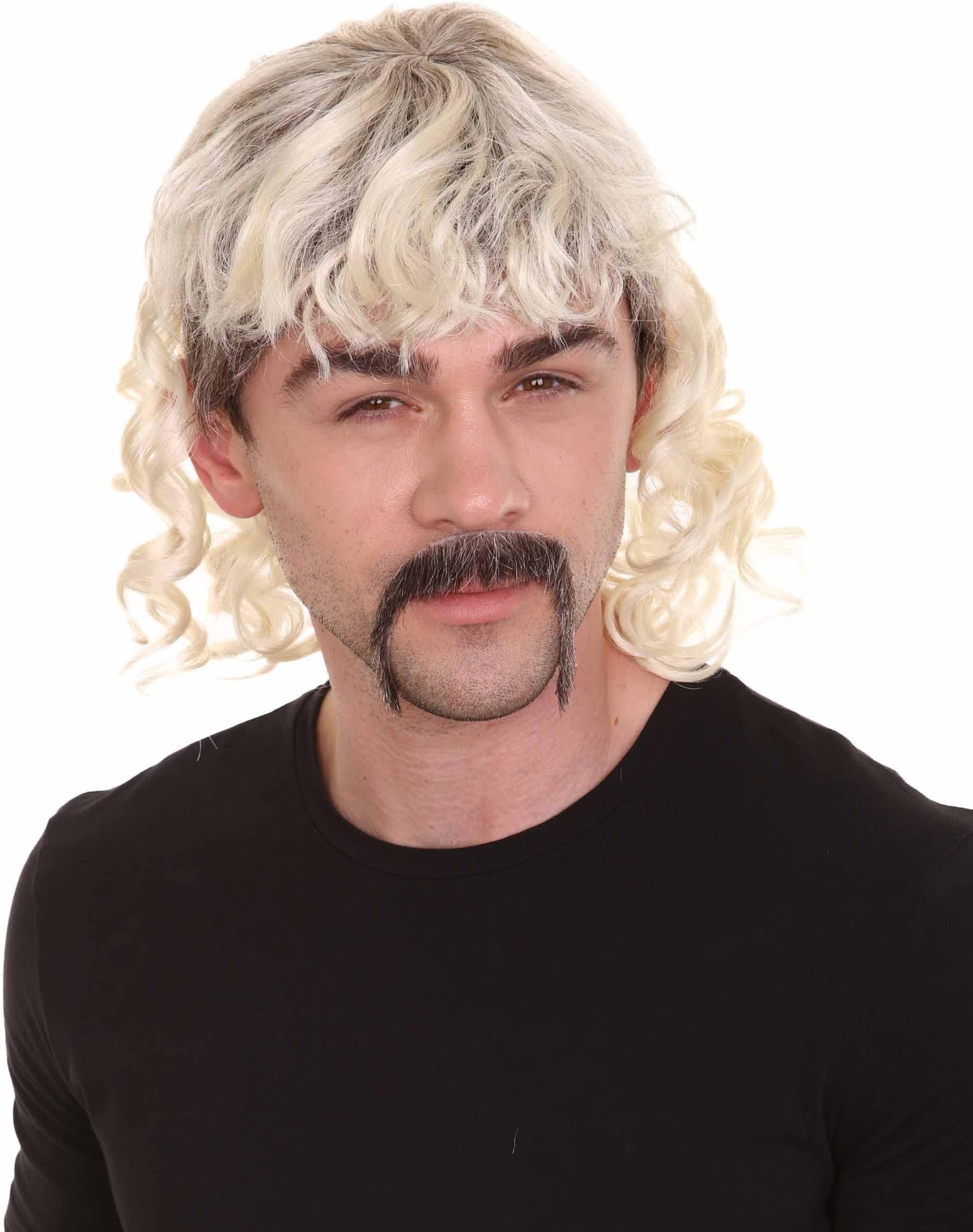 Adult Men's Zookeeper of Animals 80's Mullet With HandleBar Mustache Long Curly Blonde Wig