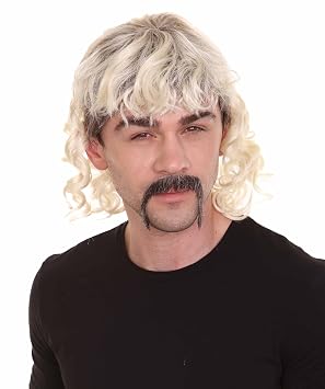 HPO Adult Mens Zookeeper of Animals 80s Mullet With HandleBar Mustache Long Curly Blonde Wig