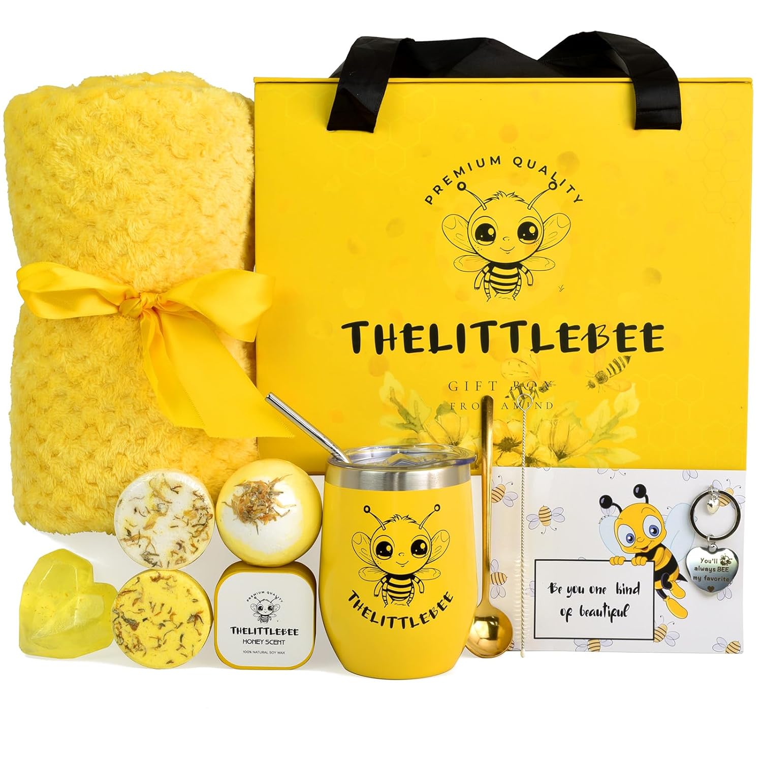 AMIND The Little Bee Yellow Gift Box for Women with Honey Scent Candle and Soap, Chamomile Bath Bomb, Shower Steamers, Cozy Throw Blanket, Yellow Tumbler, Heart Key Chain, Greeting Card and Gift Bag