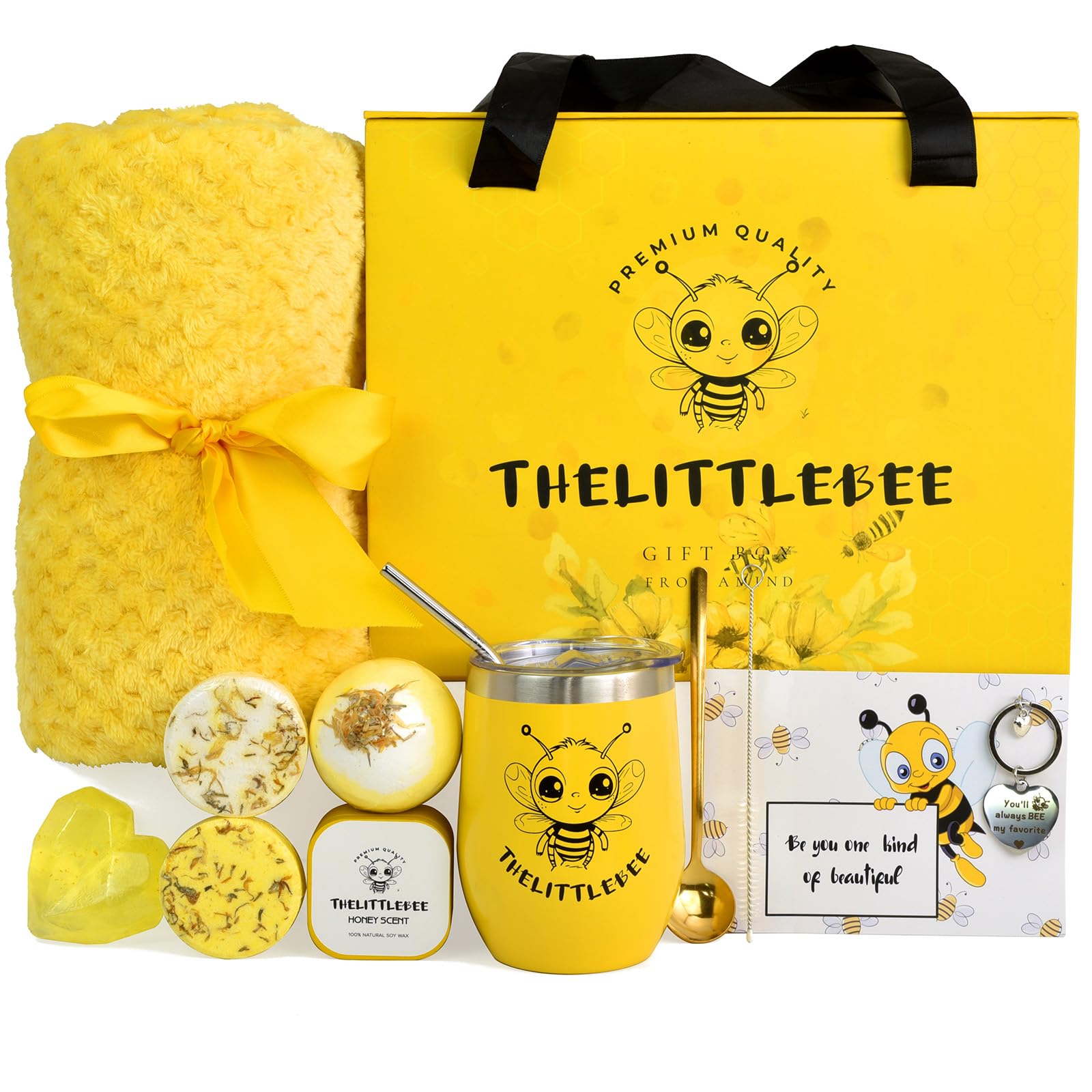 AMIND The Little Bee Yellow Gift Box for Women with Honey Scent Candle and Soap, Chamomile Bath Bomb, Shower Steamers, Cozy Throw Blanket, Yellow