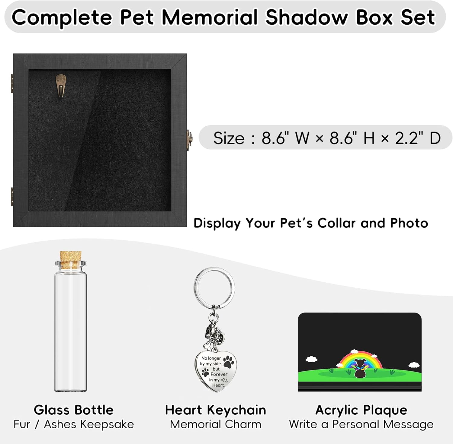 Pet Memorial Shadow Box for Dog or Cat, Wooden Pet Memorial Box with Collar Holder, Keepsake Bottle & Memorial Plaque, Pet Loss Sympathy Gift, Tabletop or Wall Display