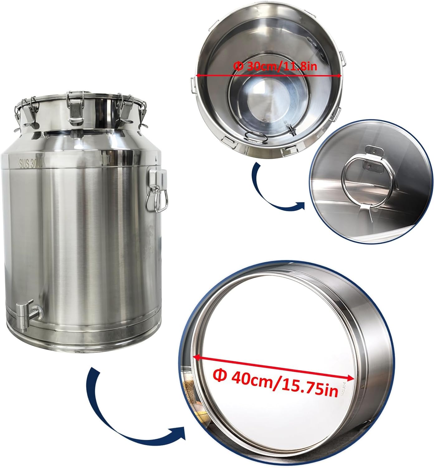 64L Stainless Steel Fermenter Tank with Faucet Food Storage Tank with Sealing Lock Fastener for Wine Brewing, Fermentation, Storage, Transportation