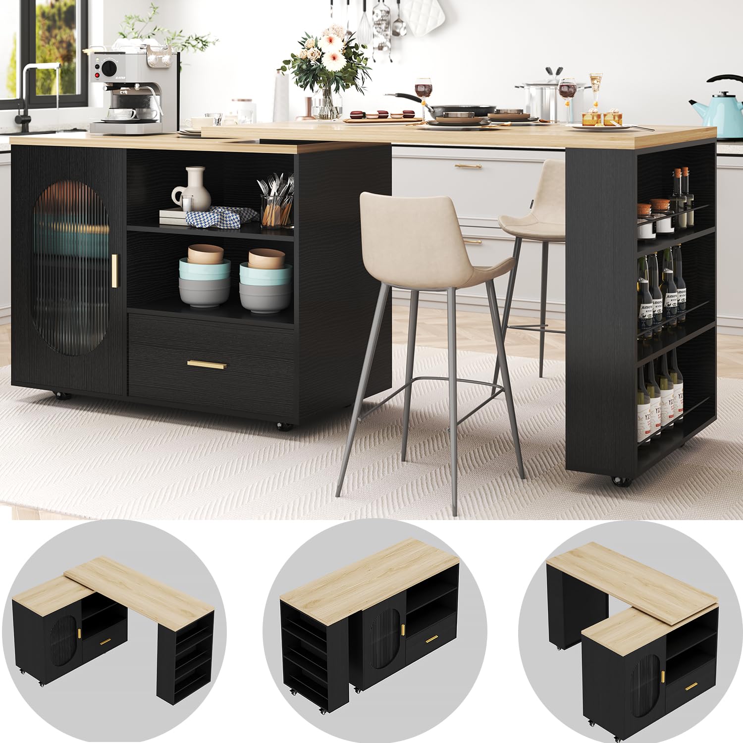 HSH 72" Rolling Kitchen Island with Seating, 360° Swivel Table, Kitchen Island with Storage Cabinet, Drawer & Shelves, Farmhouse Mobile Island Cart on Wheels for Dining Room & Home Bar, Black Oak