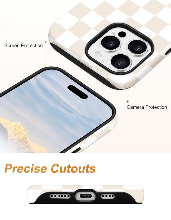 Aitipy Compatible with MagSafe Checkered Phone Case for iPhone 16 Pro Max, Magnetic Cute Aesthetic Checkerboard Soft TPU and Hard PC Shockproof Protective Phone Cover for Women Girls-Beige by Aitipy - Used condition - Image 5