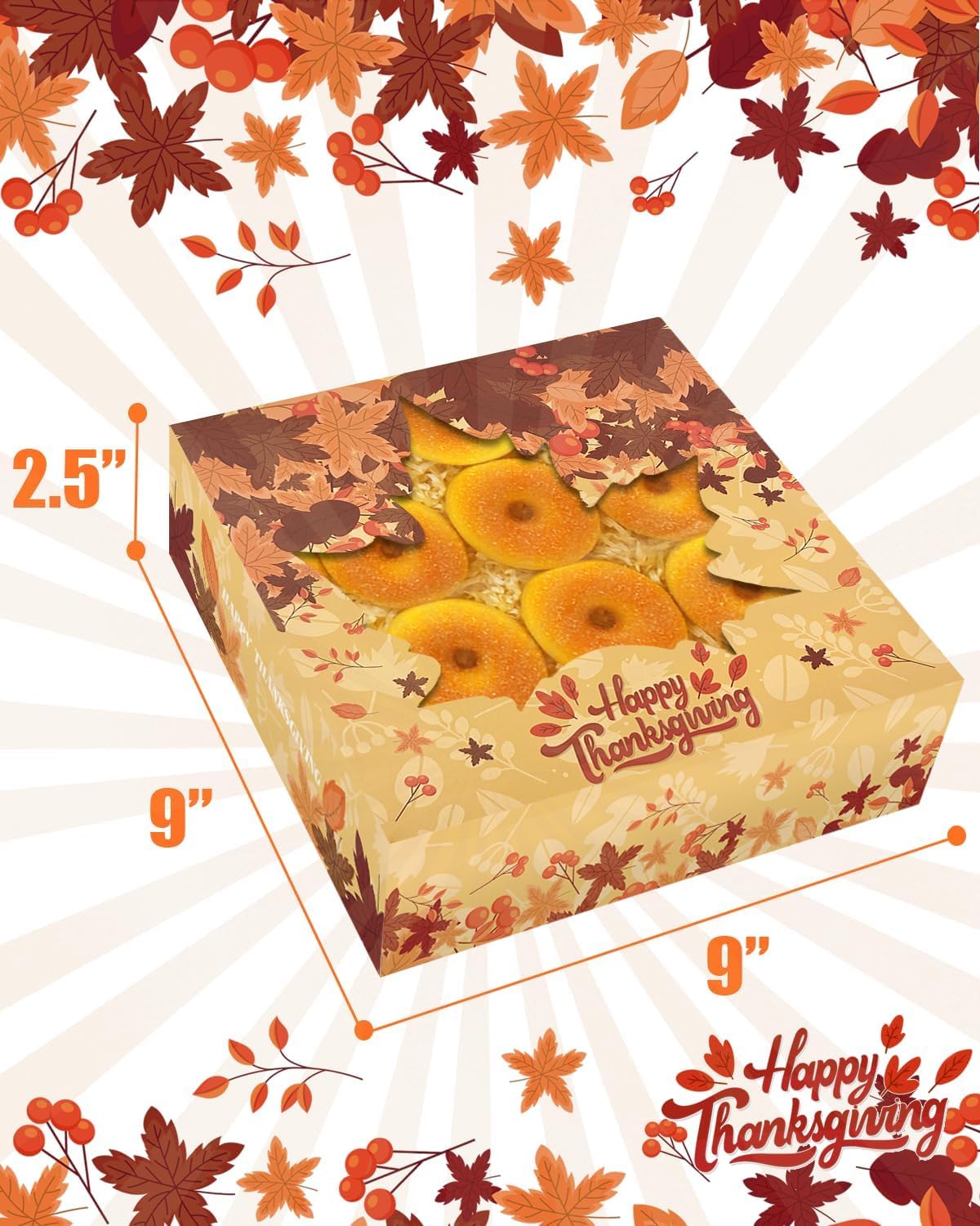 qiqee Thanksgiving Auto-pop Up 30pcs Pie Box With Window 9x9x2.5 Inch Donut Pastry Boxes Pumkin Leaves Bakery Box