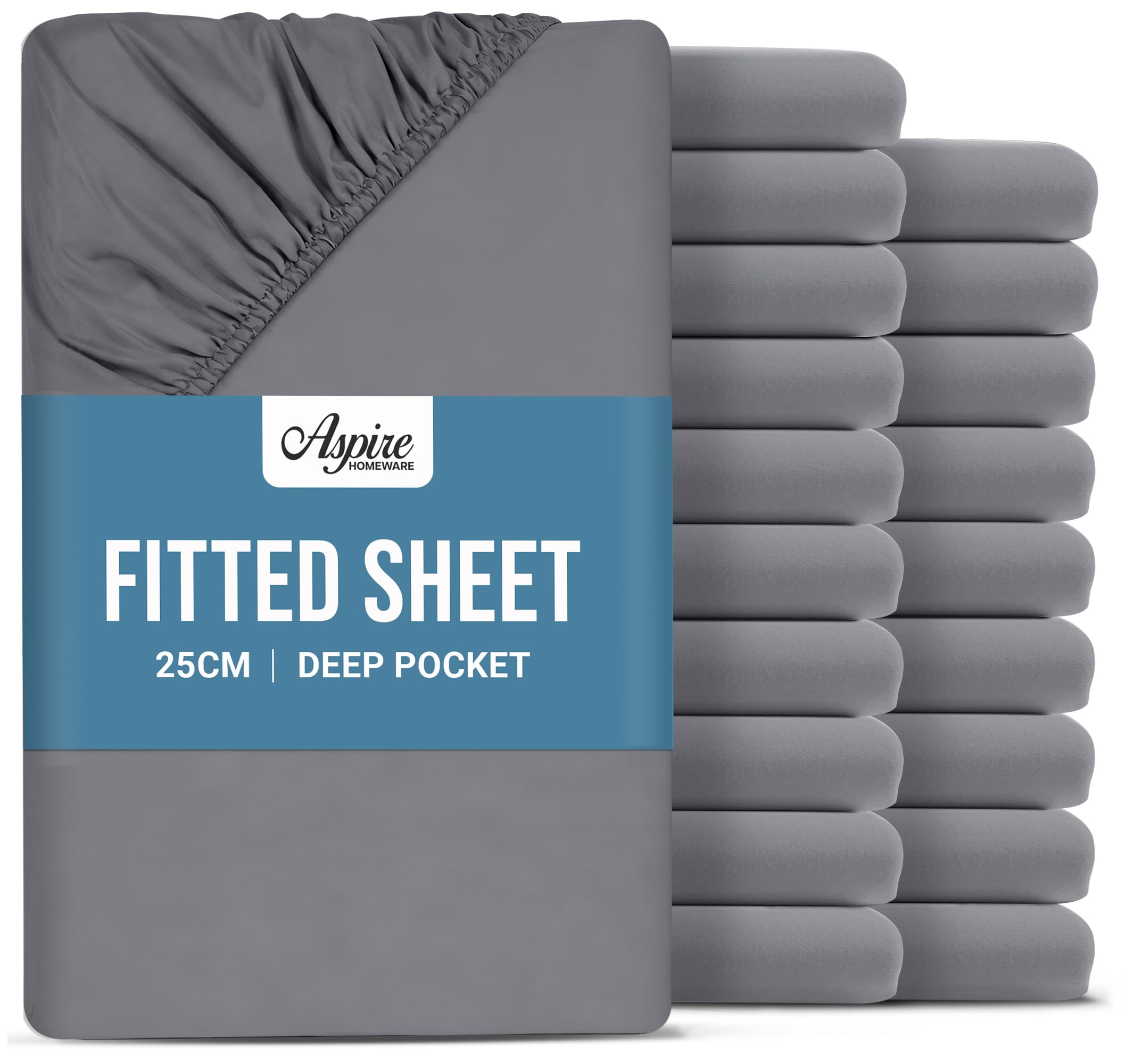 Aspire Homeware Double Fitted Sheet 20 Pack - 25 cm Deep Hotel Quality (Grey) Bed Sheets - Soft & Breathable Fitted Bed Sheets Double - Anti-Wrinkle Easy Care Fitted Sheets — image 1