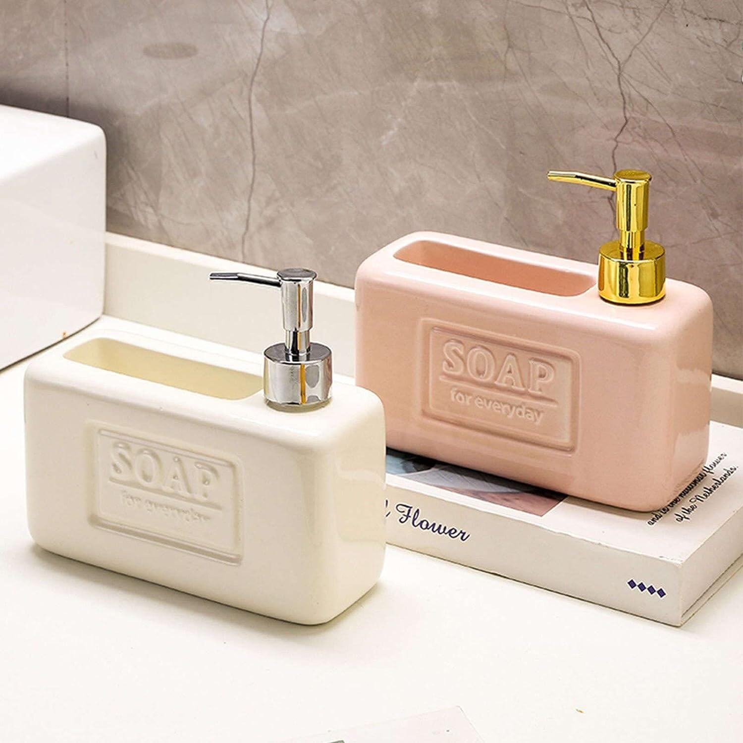 LekLai Dispenser di Sapone,Dispenser di lozione Quadrato in Ceramica retrò, Dispenser di Sapone for Le Mani, Dispenser di Shampoo Ricaricabile, Cucina bagno-rosa-18.5x17x7.5cm (Color : Roze)