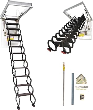 Attic Ceiling Ladder, Retractable Folding Loft Stairs, 12 Steps Pull Down Stairs, Attic Extendable Loft Ladder, Carbon Steel Construction, 9.84ft Height, 31.5x35.4in Open Size, Chocolate