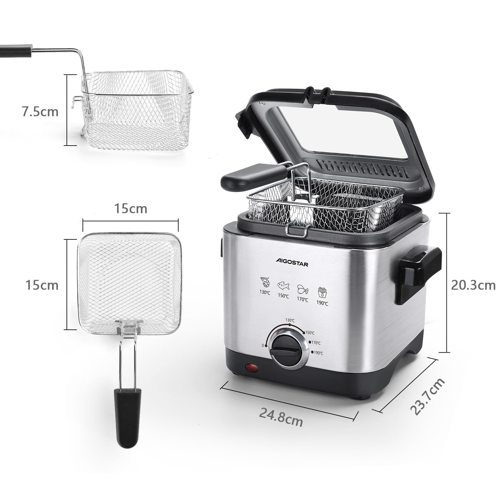 Aigostar Mini Friteuse Électrique 1,5 L | Marmite en Acier Inoxydable 1000W avec Thermostat Réglable 130-190°C