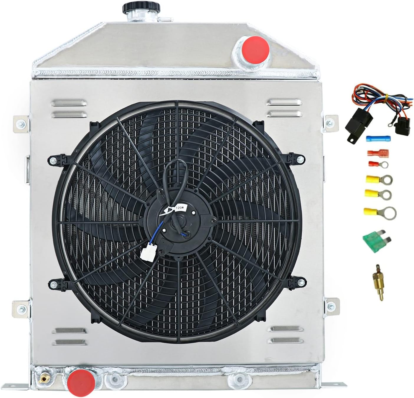 Aluminum Radiator for 1942-1948 Ford Coupe Ford Super Deluxe Deluxe 3.7 3 Row Radiators with Electric Fan Shroud Thermostat Kit 1943 1944 1945 1946 1947