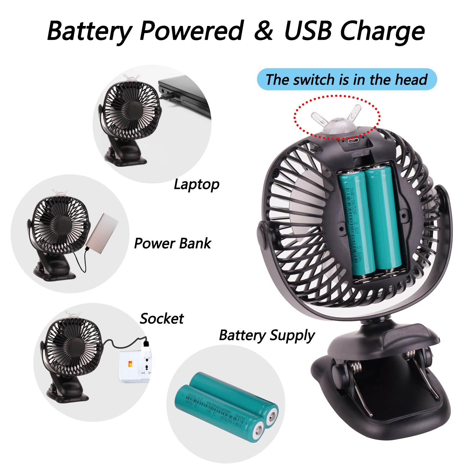 Venforze Klip on Stroller Fan, 6000mah USB wentylator Mini Personal Desk Fan z akumulatorem obsługiwany 4 Prędkość 360° obrót chłodzenia pulpit wentylatory dla Buggy wózki biurowe wózki