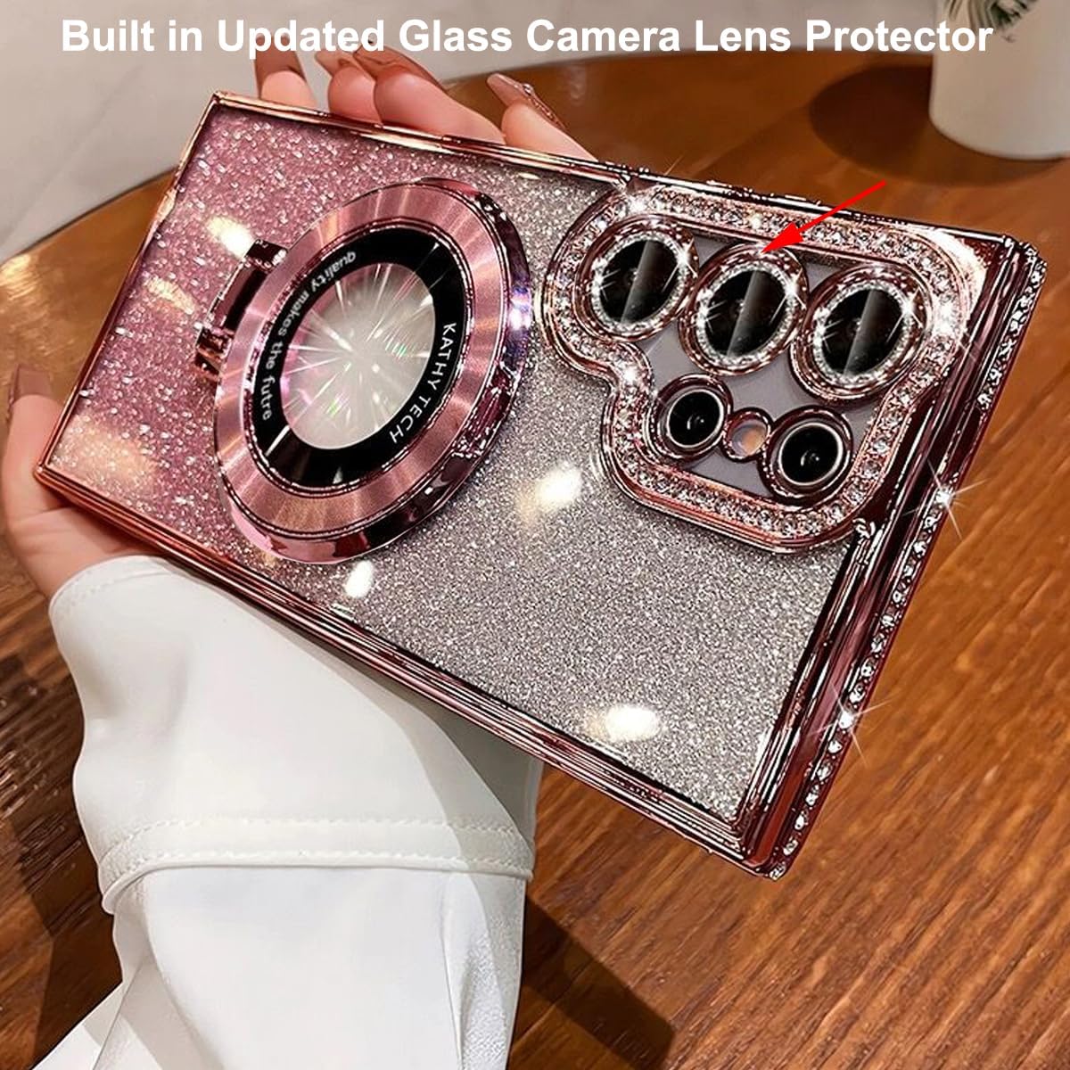 for Samsung Galaxy S25 Ultra Magnetic Kickstand Glitter Case, [Compatible with Magsafe] Cute Bling Sparkly Diamond Rhinestones with Camera Protector Women Girls Case for Galaxy S25 Ultra,Pink - Image 3
