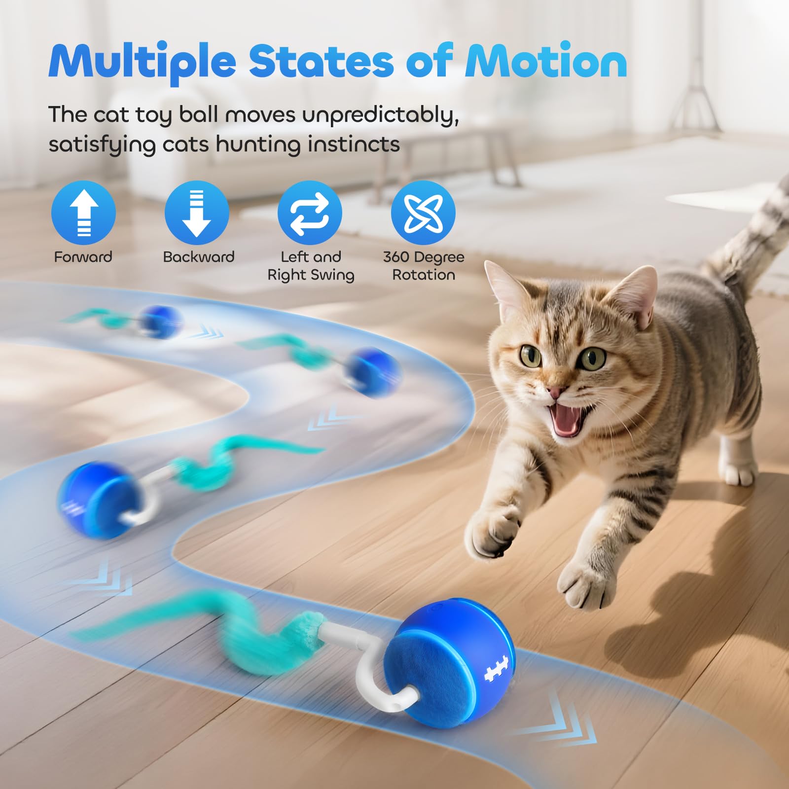 Automatisches interaktives Katzenspielzeug für Indoor-Katzen, sicher für Teppiche mit verhedderungsfreiem Schwanz, 3 Touch-Aktivierungsmodi, 800-mAh-Akku mit hoher Kapazität, 6 Stück