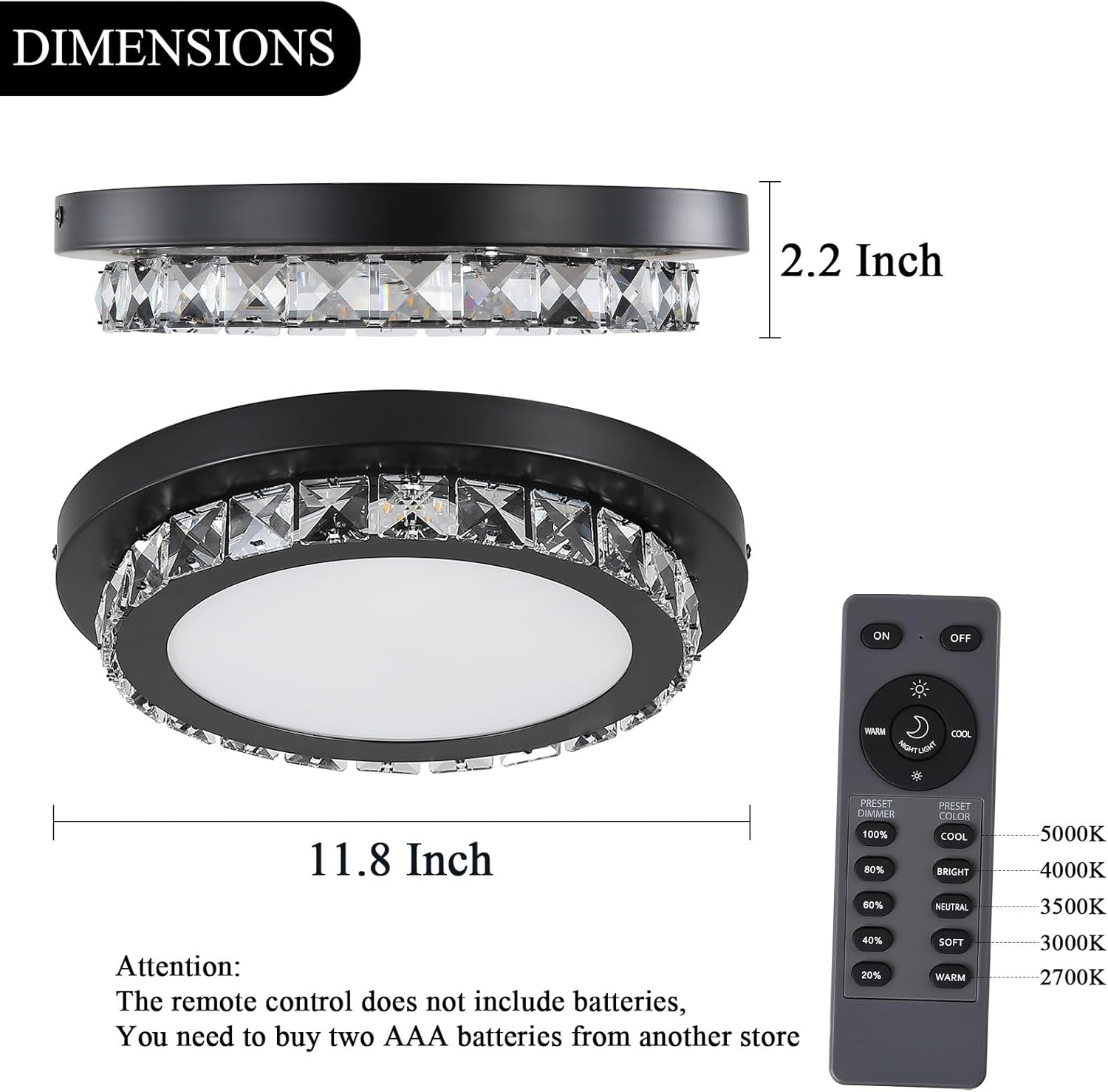 Dimmable LED Flush Mount Ceiling Light Fixture with Remote Control,12Inch 24W 2700K-5000K Color Adjustable,Modern Black Crystal Flush Mount Chandelier Ceiling Lamp for Bedroom Kitchen