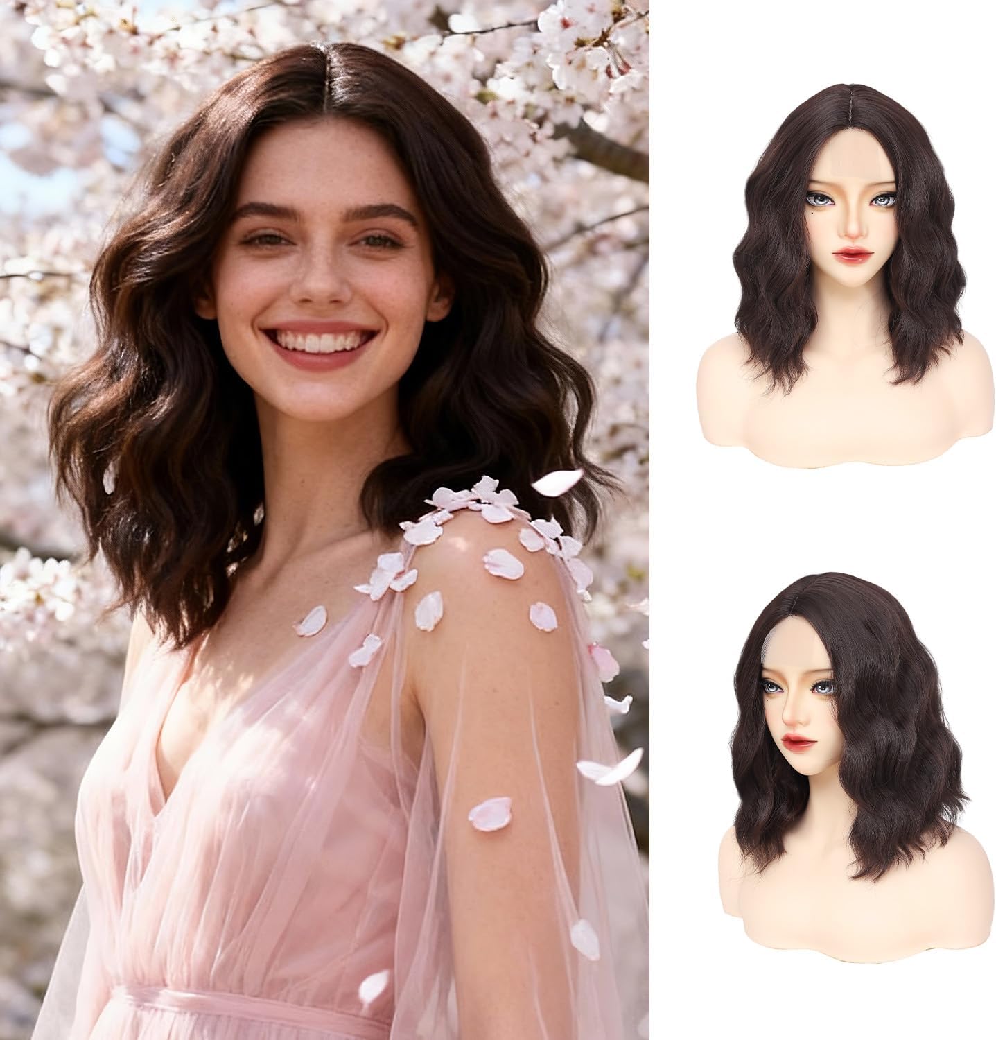 GUOJIAN Chocolate Brown Bob Wig 14 Inch Short Wavy Shoulder Length Wave Wig for Women Middle Part Natural Looking Heat Resistant Synthetic Wigs Soft Curly Hair for Daily Party Cosplay