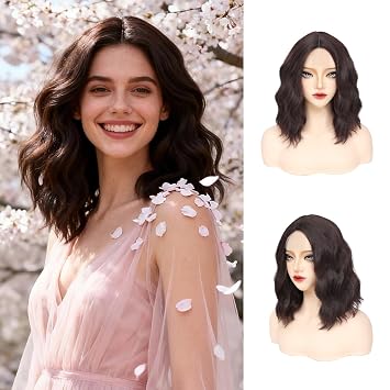 GUOJIAN Chocolate Brown Bob Wig 14 Inch Short Wavy Shoulder Length Wave Wig for Women Middle Part Natural Looking Heat Resistant Synthetic Wigs Soft Curly Hair for Daily Party Cosplay