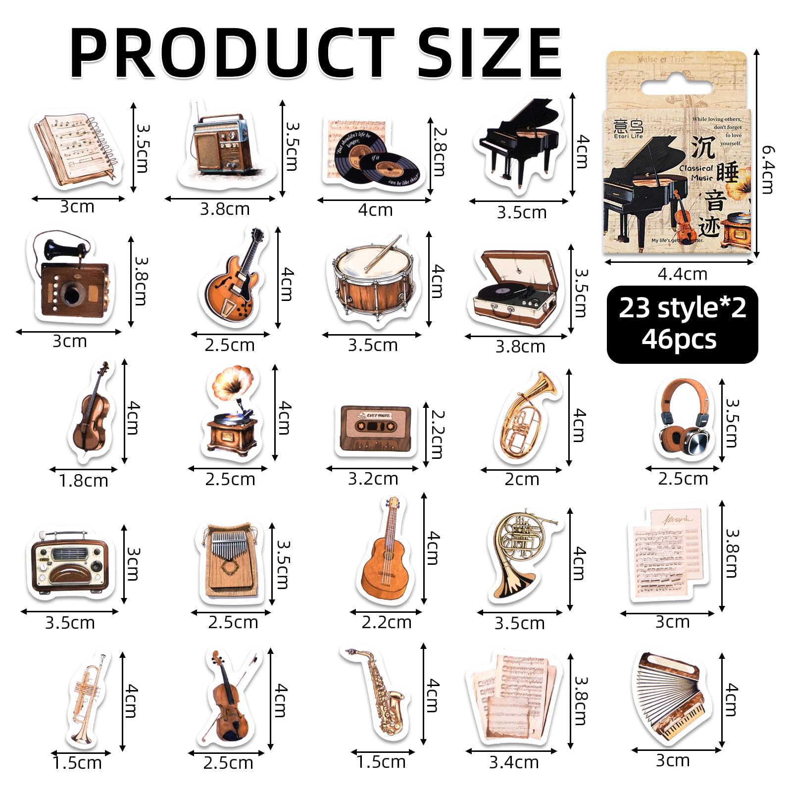 46PCS Musical Instrument Stickers,Vintage Musical Theme Stickers for Children Teens Adults Travel Case Laptop, Planners - Image 2