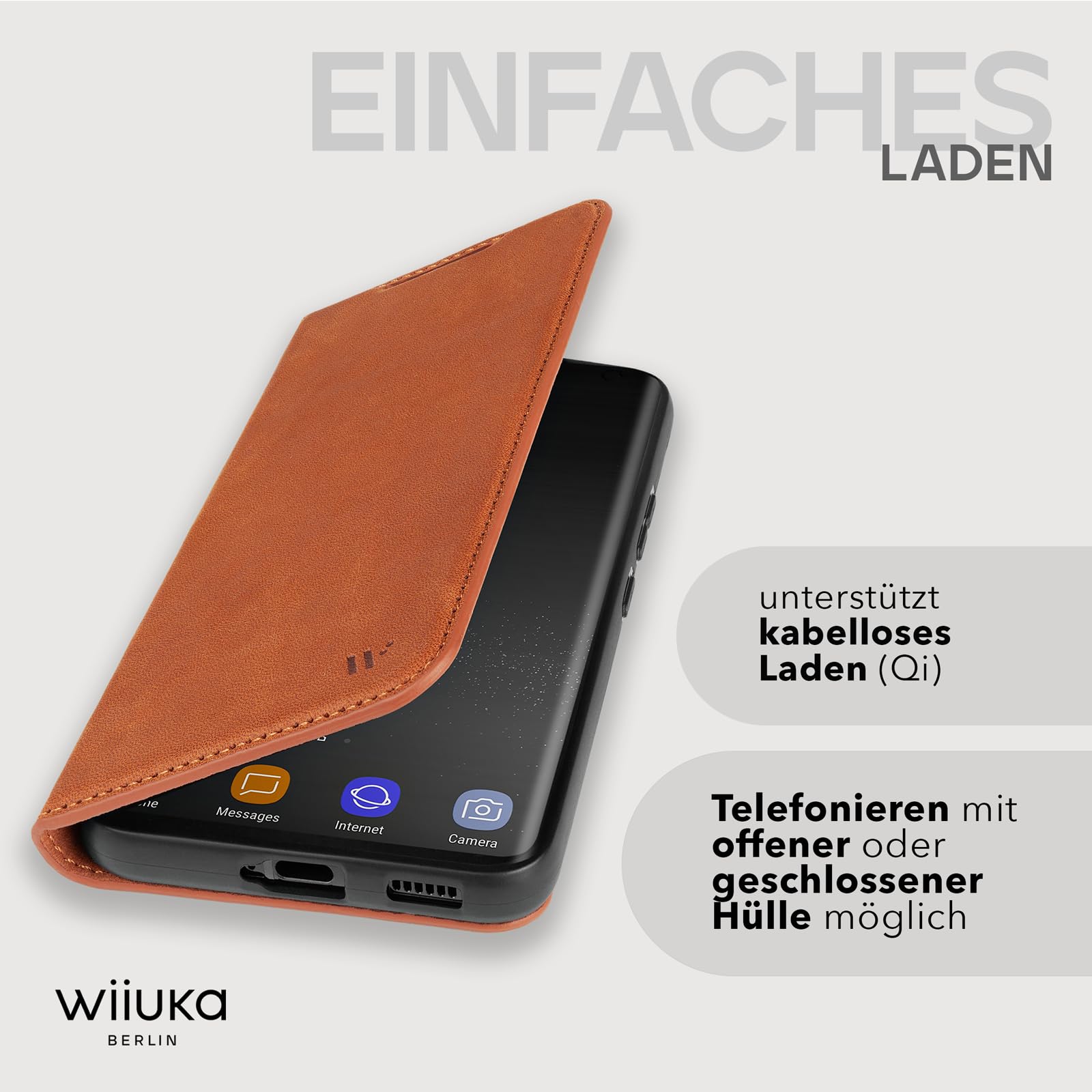 WIIUKA Hülle für Samsung Galaxy S25, Leder aus Deutschland, mit Kartenfach, extra Dünn, Handyhülle mit Standfunktion, Tasche Vintage Cognac Braun