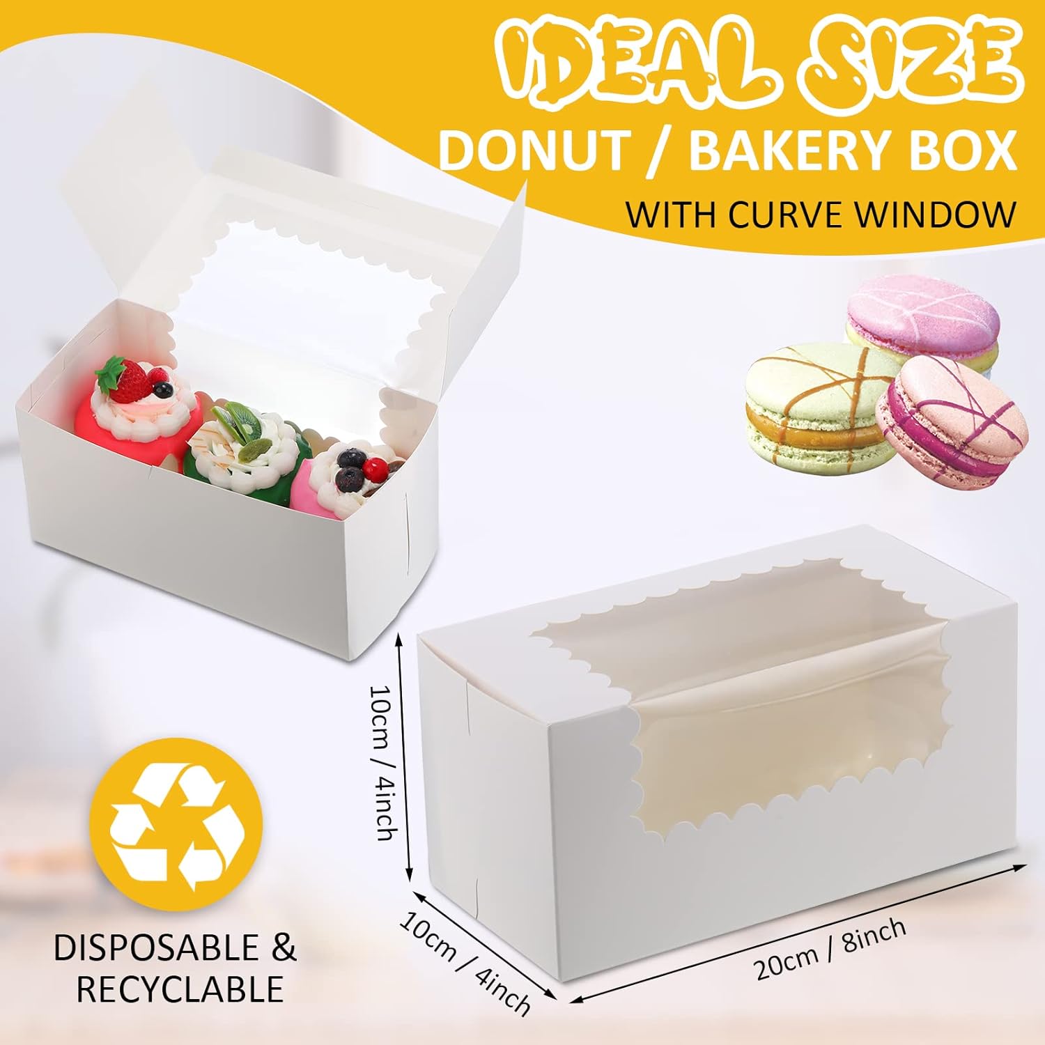 Ireer 60 pcs 8x4x4 Inch Bakery Boxes with Window Cookies Boxes Pumpkin Roll Container Donut Box Pastry Cake Packaging Safe for Cookies Loaf Muffins Breads Dessert Candies Treat (White)