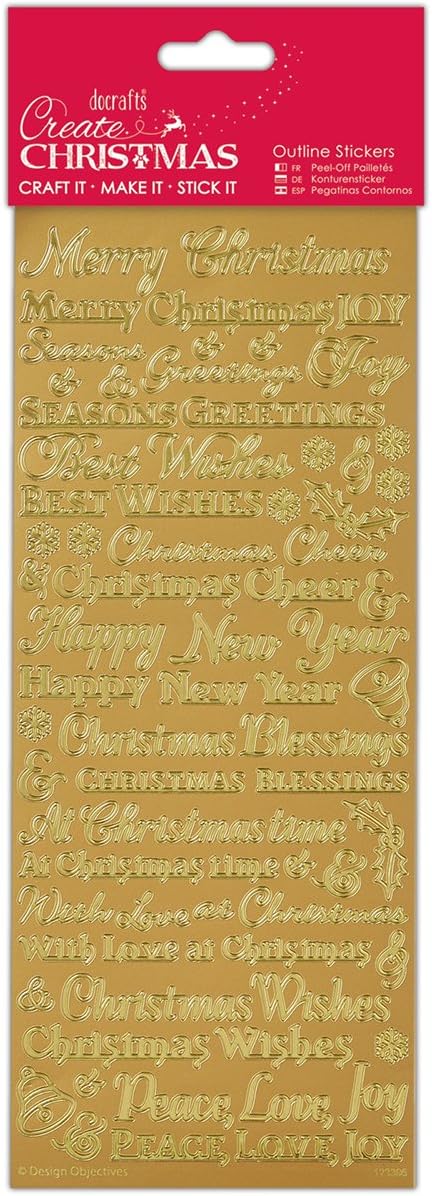 Traditional Christmas Sentiments Outline Stickers - Gold, Single Sheet, Ideal for Card Making, Craft Projects & Scrapbooking
