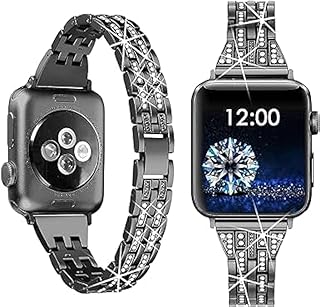 سوار ساعة معدني بديل لسوار آبل للنساء من الفولاذ المقاوم للصدأ متوافق مع مقاس 42 ملم و44 و45 و49 مجوهرات مرصع بالماس وحجر الراين أسود