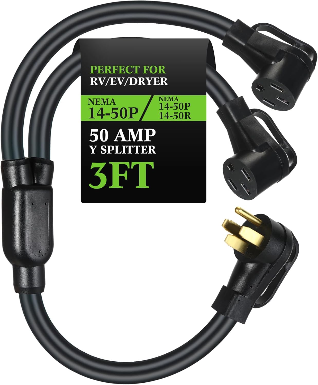 Kanayu 50Amp 14-50 Y Splitter Adapter Cord ETL Listed 14-50P Male to 2X 14-50R Female 4 Prong 250V Splitter for RV and EV Heavy Duty 6/3+8/1 STW AWG RV Generator Outdoor Extension Cord, 3 Ft